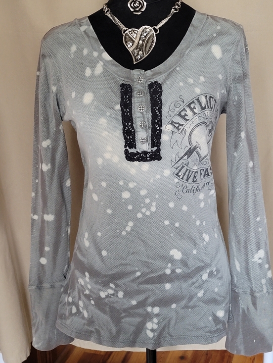 Affliction Tops - Affliction Women's Light Gray Bleached Long-Sleeve Henley Top